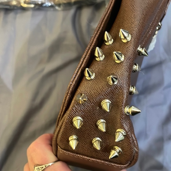 Ruby Blue Couture brown cruelty free hand bag 10” w 9”L spikes new $130 - Picture 3 of 9